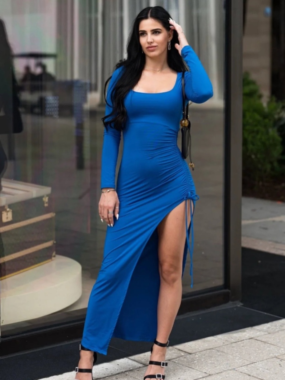 Blue Ruched Maxi Dress Long Sleeve Side Slit Square Neck Bodycon Dress